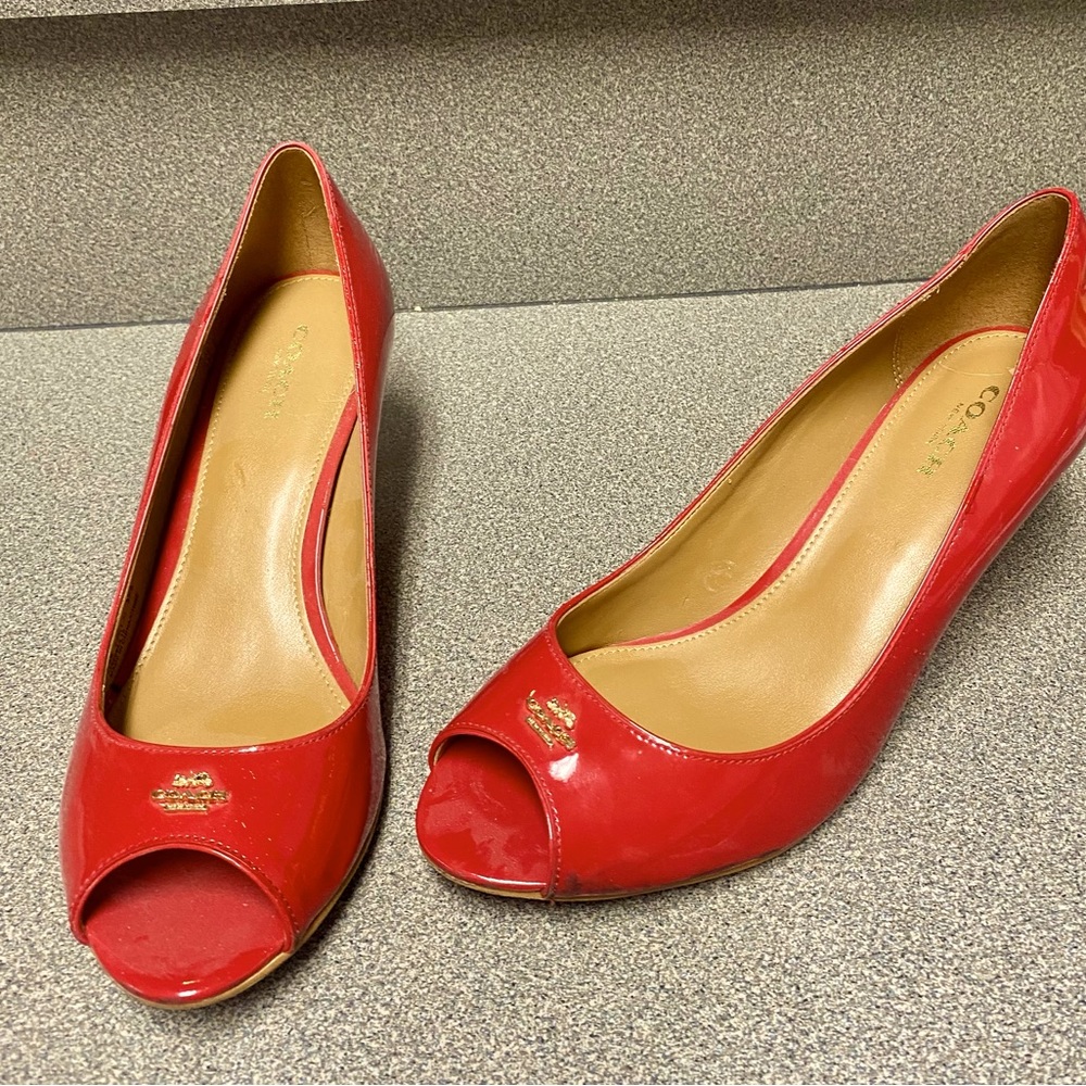 Coach Red patent leather open toe heels